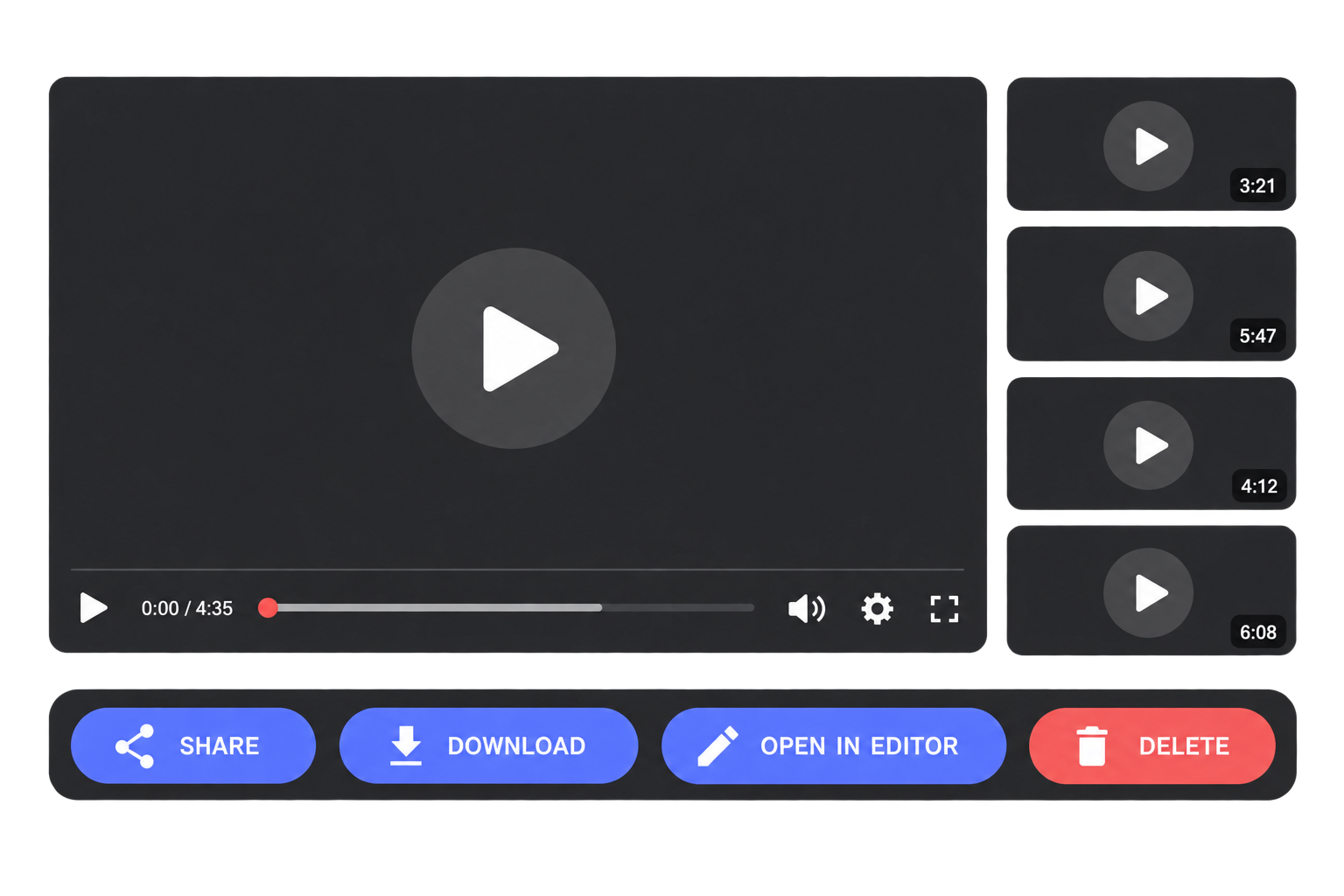 Reelia recording library actions: Share, Download, Open in Editor, Delete