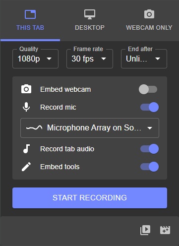 Reelia screen recorder extension popup